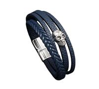 HUIANGLIYG Men'S Leather Skull Bracelet Multi-Layer Braided Wristband with Magnetic Clasp Gothic Punk Biker Jewelry, Thoughtful Gift for Dad Husband Boyfriend Blue 21Cm