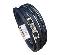 HUIANGLIYG Men'S Leather Wrap Bracelet Multi Strand Handmade Braided Wristband with Textured Beads Charms Adjustable Punk Rock Wristband for Daily Wear Gifts for Him Navy Blue 21.5Cm