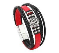 HUIANGLIYG Men'S Leather Wristband, Viking Compass Bracelet Multi Layer Braided Leather Wrap Bracelet with Magnetic Clasp Vegvisir Jewelry of Amulet Bangles Red + Black 20Cm