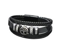 HUIANGLIYG Men'S Life Tree Leather Bracelet Multi-Layer Braided Rope Wristband with Magnetic Clasp Vintage Punk Camo Cuff Bangle Thoughtful Gift for Dad Husband Boyfriend Black and Gray 22Cm