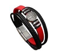 HUIANGLIYG Mens Life Tree Leather Bracelet Multi Layer Handmade Braided Wristband with Magnetic Clasp Vintage Viking Cuff Bangle Unisex Boho Jewellery for Daily Wear Red 22Cm
