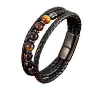 HUIANGLIYG Men'S Multi Layer Black Braided Leather Bracelet 8Mm Natural Stone Beads Bracelet with Magnetic Clasp Bohemian Vintage Handmade Wristband Jewelry for Daily Casual Wear Yellow/Red Tigers E