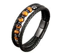 HUIANGLIYG Men'S Multi Layer Black Braided Leather Bracelet 8Mm Natural Stone Beads Bracelet with Magnetic Clasp Bohemian Vintage Handmade Wristband Jewelry for Daily Casual Wear Yellow Tigers Eye S