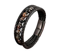 HUIANGLIYG Men'S Multi Layer Black Braided Leather Bracelet 8Mm Natural Stone Beads Bracelet with Magnetic Clasp Bohemian Vintage Handmade Wristband Jewelry for Daily Casual Wear Rainbow Tigers Eye