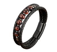 HUIANGLIYG Men'S Multi Layer Black Braided Leather Bracelet 8Mm Natural Stone Beads Bracelet with Magnetic Clasp Bohemian Vintage Handmade Wristband Jewelry for Daily Casual Wear Red Tigers Eye Ston