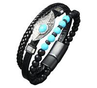 HUIANGLIYG Men'S Multi-Layer Braided Leather Bracelet Natural Gemstone Frosted Stone Beaded Bracelets With Leaf Charm Boho Punk Jewelry Birthday Gifts For Him Her Turquoise 20 Cm