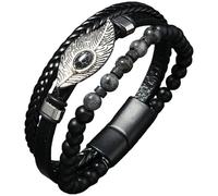 HUIANGLIYG Men'S Multi-Layer Braided Leather Bracelet Natural Gemstone Frosted Stone Beaded Bracelets With Leaf Charm Boho Punk Jewelry Birthday Gifts For Him Her Labradorite 20 Cm