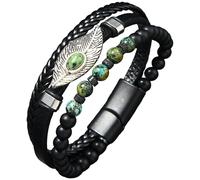 HUIANGLIYG Men'S Multi-Layer Braided Leather Bracelet Natural Gemstone Frosted Stone Beaded Bracelets With Leaf Charm Boho Punk Jewelry Birthday Gifts For Him Her African Turquoise 20 Cm