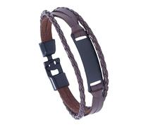 HUIANGLIYG Men'S Multi Layer Leather Bracelet Handmade Braided Cuff Bangle with Black Engravable Plate Adjustable Stylish Casual Wristband Gift for Boyfriend Brother Dad Brown 20Cm