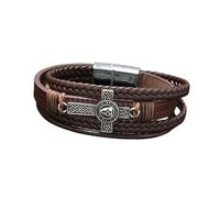 HUIANGLIYG Mens Multi Strand Leather Bracelet with Celtic Knot Cross Handmade Braided Leather Wristband Vintage Religious Faith Bracelet Casual Daily Wear Gift for Men Teens Coffee 21.5Cm