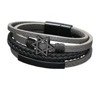 HUIANGLIYG Men'S Multilayer Leather Star Of David Bracelet Retro Punk Handmade Braided Leather Bracelet With Magnetic Closure Faith Jewelry Accessories For Men Women Grey 21 Cm