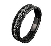 HUIANGLIYG Men'S Natural Stone Bracelet Black Multi Layer Handmade Braided Leather Wristband with Magnetic Clasp Fashion Retro Good Luck Jewelry Gift for Him Hematite 21Cm