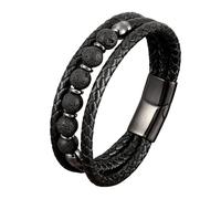 HUIANGLIYG Men'S Natural Stone Bracelet Black Multi Layer Handmade Braided Leather Wristband with Magnetic Clasp Fashion Retro Good Luck Jewelry Gift for Him Volcanic Rock 21Cm