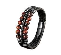 HUIANGLIYG Men'S Natural Stone Bracelet Multi Layer Braided Leather Rope Bracelet with Magnetic Clasp Vintage Stylish Mens Handmade Wristband Jewelry Gift for Daily Wear Red Tigers Eye Stone 19Cm