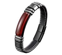 HUIANGLIYG Mens Natural Stone Bracelets Black Leather Wristband With Magnetic Clasp Microfiber Leather Cuff Bracelet For Men Gifts On Father'S Day Birthday Valentine'S Day Red Agate 19 Cm