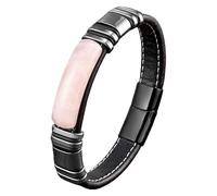 HUIANGLIYG Mens Natural Stone Bracelets Black Leather Wristband With Magnetic Clasp Microfiber Leather Cuff Bracelet For Men Gifts On Father'S Day Birthday Valentine'S Day Rose-Quartz 19 Cm