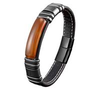 HUIANGLIYG Mens Natural Stone Bracelets Black Leather Wristband With Magnetic Clasp Microfiber Leather Cuff Bracelet For Men Gifts On Father'S Day Birthday Valentine'S Day Agate 19 Cm