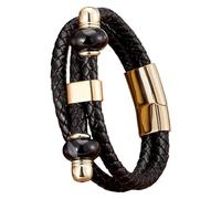 HUIANGLIYG Men'S Natural Stone Leather Bracelet Multilayer Braided Black Leather Cuff Bracelet With Magnetic Clasp Western Boho Jewelry For Men Women On Birthday Valentine'S Day Gold 2 21 Cm