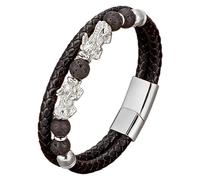 HUIANGLIYG Men'S Pi Xiu Leather Bracelet Natural Stone Beads Black Braided Leather Bracelet With Magnetic Clasp Feng Shui Lucky Charm Wristband Jewelry For Men Women White-J 23 Cm