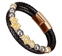 HUIANGLIYG Men'S Pi Xiu Leather Bracelet Natural Stone Beads Black Braided Leather Bracelet With Magnetic Clasp Feng Shui Lucky Charm Wristband Jewelry For Men Women Gold-C 19 Cm