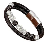 HUIANGLIYG Men'S Pi Xiu Leather Bracelet Natural Stone Beads Black Braided Leather Bracelet With Magnetic Clasp Feng Shui Lucky Charm Wristband Jewelry For Men Women White-A 23 Cm