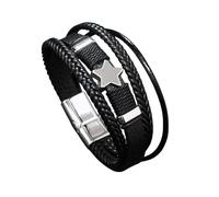 HUIANGLIYG Men'S Star Leather Bracelet Handmade Braided Layered Wristband with Magnetic Clasp Stylish Casual Wide Wristbands Jewellery Gifts for Teen Boys Black 21Cm