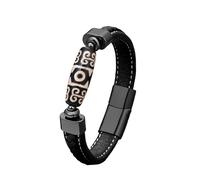 HUIANGLIYG Men'S Tibetan Nine Eyed Dzi Bead Bracelet Double Layer Braided Black Leather Wristband with Magnetic Clasp Retro Tribal Pattern Hand Jewelry for Daily Party Birthday Gifts Style 5 19Cm