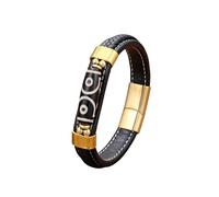 HUIANGLIYG Men'S Tibetan Nine Eyed Dzi Bead Bracelet Double Layer Braided Black Leather Wristband with Magnetic Clasp Retro Tribal Pattern Hand Jewelry for Daily Party Birthday Gifts Style 3 23Cm