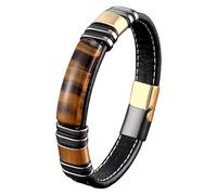 HUIANGLIYG Mens Tiger Eye Leather Bracelet Rectangle Authentic Tiger Eye Black Microfiber Leather Cuff Bracelet For Men Gifts On Father'S Day Anniversary Birthday Color-1 23 Cm