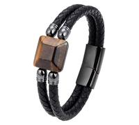 HUIANGLIYG Men'S Tiger Eye Leather Bracelets Double Row Braided Rope Bracelet With Clasp Natural Yellow Tiger Eyes Black Leather Cuff Wristband Jewelry For Men Father Black 21 Cm