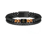 HUIANGLIYG Mens Tiger Eye Stone Leather initial Bracelet Classic Double-Row Braided Wristband with A-Z Letter Simple Handmade Bangle Black Gift for Husband, Father, Son Birthday C 20Cm