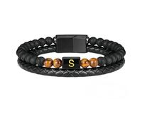 HUIANGLIYG Mens Tiger Eye Stone Leather initial Bracelet Classic Double-Row Braided Wristband with A-Z Letter Simple Handmade Bangle Black Gift for Husband, Father, Son Birthday S 23Cm