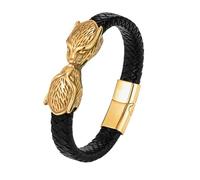 HUIANGLIYG Men'S Viking Wolf Head Bracelet With Magnetic Clasp Vintage Double Wolf Head Gothic Black Leather Braided Wristband For Fathers Day Christmas Gold 19 Cm