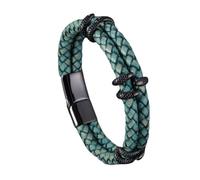 HUIANGLIYG Men'S Vintage Leather Bracelet Double Row Braided Leather Wristband with Snake Head Accents & Magnetic Clasp Stylish Punk Cuff Bangle Gift for Him Rock Fans Green Leather Black 19.5Cm