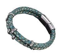 HUIANGLIYG Men'S Vintage Leather Bracelet Double Row Braided Leather Wristband with Snake Head Accents & Magnetic Clasp Stylish Punk Cuff Bangle Gift for Him Rock Fans Green Leather Silver 22.5Cm