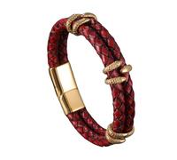 HUIANGLIYG Men'S Vintage Leather Bracelet Double Row Braided Leather Wristband with Snake Head Accents & Magnetic Clasp Stylish Punk Cuff Bangle Gift for Him Rock Fans Red Leather Gold 22.5Cm