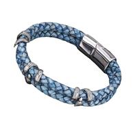HUIANGLIYG Men'S Vintage Leather Bracelet Double Row Braided Leather Wristband with Snake Head Accents & Magnetic Clasp Stylish Punk Cuff Bangle Gift for Him Rock Fans Blue Leather Silver 20.5Cm