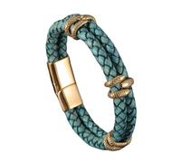 HUIANGLIYG Men'S Vintage Leather Bracelet Double Row Braided Leather Wristband with Snake Head Accents & Magnetic Clasp Stylish Punk Cuff Bangle Gift for Him Rock Fans Green Leather Gold 22.5Cm