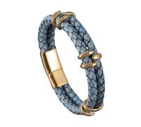 HUIANGLIYG Men'S Vintage Leather Bracelet Double Row Braided Leather Wristband with Snake Head Accents & Magnetic Clasp Stylish Punk Cuff Bangle Gift for Him Rock Fans Blue Leather Gold 19.5Cm