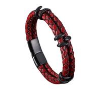 HUIANGLIYG Men'S Vintage Leather Bracelet Double Row Braided Leather Wristband with Snake Head Accents & Magnetic Clasp Stylish Punk Cuff Bangle Gift for Him Rock Fans Red Leather Black 20.5Cm