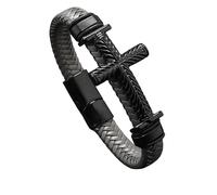 HUIANGLIYG Men'S Woven Leather Bracelet with Black Textured Cross Faith Bracelet for Mens Handmade Braided Crucifix Wristband Magnetic Clasp Vintage Christian Religious Jewellery Gray 21Cm