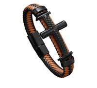 HUIANGLIYG Men'S Woven Leather Bracelet with Black Textured Cross Faith Bracelet for Mens Handmade Braided Crucifix Wristband Magnetic Clasp Vintage Christian Religious Jewellery Orange 22Cm