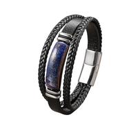 HUIANGLIYG Multi Layer Black Braided Leather Wristband for Men Natural Stone Bracelet with Magnetic Clasp Stylish Vintage Handmade Wristband Jewelry Birthday Gift for Him Lapis Lazuli Silver 21Cm