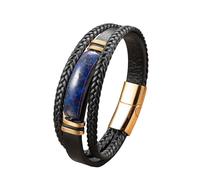 HUIANGLIYG Multi Layer Black Braided Leather Wristband for Men Natural Stone Bracelet with Magnetic Clasp Stylish Vintage Handmade Wristband Jewelry Birthday Gift for Him Lapis Lazuli Gold 23Cm