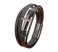 HUIANGLIYG Multi-Layer Braided Leather Bracelets Black/Gold/Silver Cross Bracelet With Magnetic Clasp Religious Leather Wristband Stylish Christian Jewelry Gifts Black 21 Cm