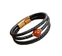 HUIANGLIYG Multi Layer Leather Bracelet for Men Black Braided Wristband with Natural Stone Bead Adjustable Magnetic Clasp Wristband Stylish Casual Cuff Bangle Gift for Him South Red Agate 21Cm