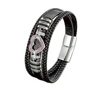 HUIANGLIYG Multi-Layer Leather Bracelet for Men Women Black Braided Leather Wristband with Sparkling Crystal Heart Accent Retro Trendy Jewellery Gift for Him Her Silver Red Cz 23Cm