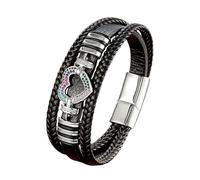 HUIANGLIYG Multi-Layer Leather Bracelet for Men Women Black Braided Leather Wristband with Sparkling Crystal Heart Accent Retro Trendy Jewellery Gift for Him Her Silver Rainbow Cz 23Cm