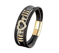 HUIANGLIYG Multi-Layer Leather Bracelet for Men Women Black Braided Leather Wristband with Sparkling Crystal Heart Accent Retro Trendy Jewellery Gift for Him Her Gold White Cz 23Cm