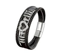 HUIANGLIYG Multi-Layer Leather Bracelet for Men Women Black Braided Leather Wristband with Sparkling Crystal Heart Accent Retro Trendy Jewellery Gift for Him Her Silver White Cz 23Cm